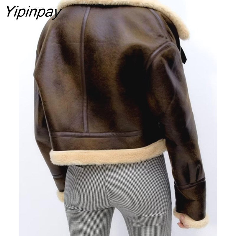 Yipinpay 2023 Women Winter Fleece Jackets Fashion Thicken Warm Long Sleeve Zipper Coats Loose Vintage Ladies Cold Street Outwear