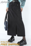 yipinpay Women Black Denim Half Body Skirt Split Fork High Waist Casual Korean Fashion Mid Length Bottoms Baggy Vintage Female Long Skirt