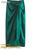 Yipinpay Green Long Skirts For Women Knot Satin Skirt Woman Ruched High Waist Slit Midi Skirt Fashion Streetwear Elegant Skirts Sets