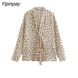 Yipinpay 2023 Women Leopard Printed Blouses Spring Autumn Casual Long Sleeved Bow Collar Tops Elegant Single Breasted T-Shirts