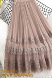 Yipinpay Fashion High Waist Tulle Midi Skirts Woman Lining Mesh Lace Patchwork Kawaii Harajuku Dance Bridesmaids Skirt Women