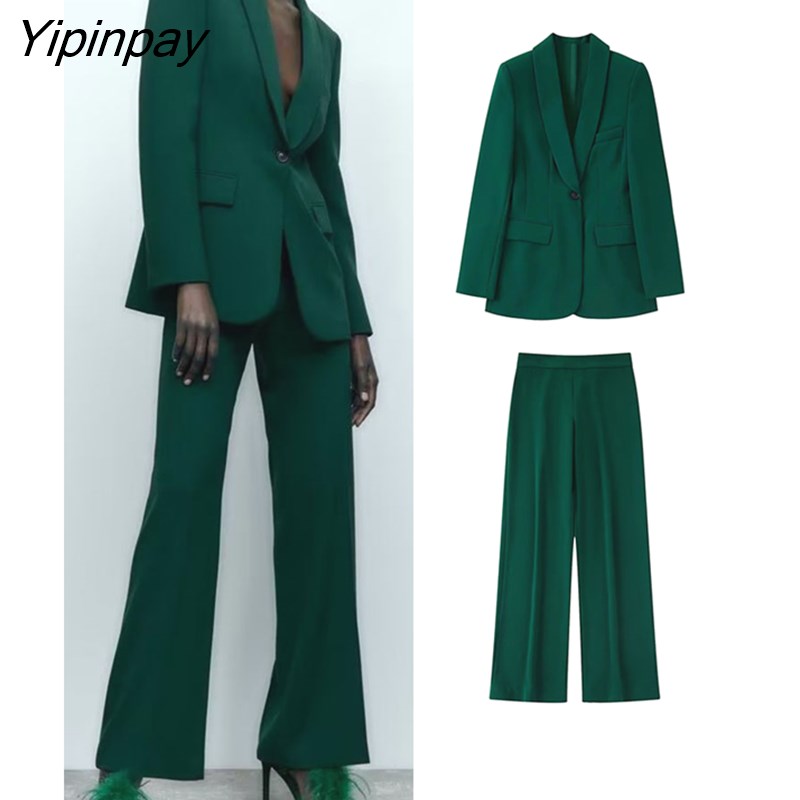 Yipinpay 2023 Autumn Winter Ladies Blazer Suit 2Pcs Office Outfits Solid Jacket+Wide Leg Trousers Basic Zipper Long Pant
