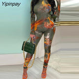 Yipinpay Women Casual Abstract Print Round Neck Bodycon Backless Skinny Jumpsuit Sexy Jumpsuit