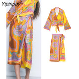 Yipinpay 2 Piece Set Women Summer Bow Tops And Sarong Skirts Elegant Printed Suits Long Sleeve Casual Turn Down Collar Shirts