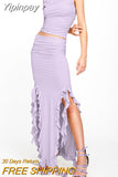 Yipinpay Fashion Women Summer 2 Pieces Outfits Solid Color Crew Neck Sleeveless Tank Tops Ruffles Slit Long Skirts Set Street Style