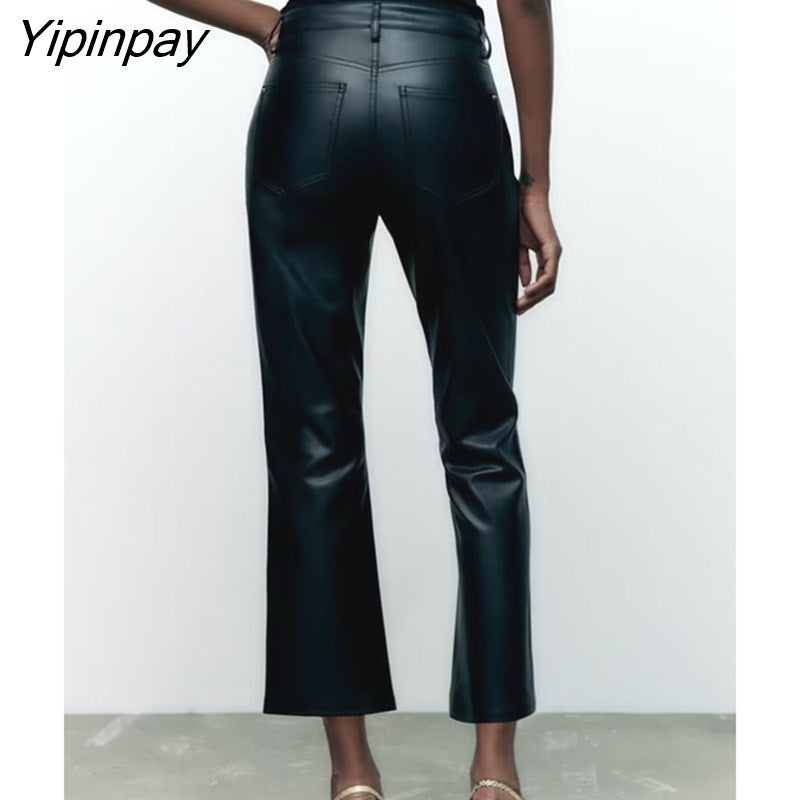 Yipinpay 2023 Autumn Winter Ladies Faux Leather Pants High Waist Pockets Pants Waterproof Fitness Zipper Flare Trousers Three Colors