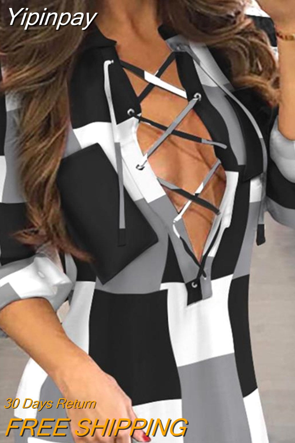 Yipinpay for Women 2023 Elegant Sexy Geometric Print Lace-Up Front Long Sleeve Shirt Dress casual new fashion female clothing