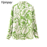 Yipinpay Summer Women Fashion Print Blouses Shirt 2023 New Causal Long Sleeved Tops Vintage Single Breasted T-Shirts