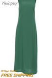 Yipinpay Green Tank Dresses Summer Cotton Linen Sleeveless Straight Split Dress 2023 All-Match Midi Dress Vacation Style Lady