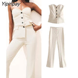 Yipinpay 2Pcs Ladies Solid Blazer Sets 2023 Pretty Strapless Single Breasted Tops+Slit Straight Trousers Basic Zipper Pants