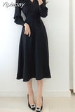 Yipinpay Puff Sleeve A-line Dress Solid Color Chic Midi Blue Black Robe Elegant Korean Office Dresses Summer Maxi Spring Retro