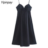 Yipinpay Women Fashion Pleated Poplin Midi Dress Vintage Backless Elastic Side Zipper Thin Solid Female Dresses Vestidos