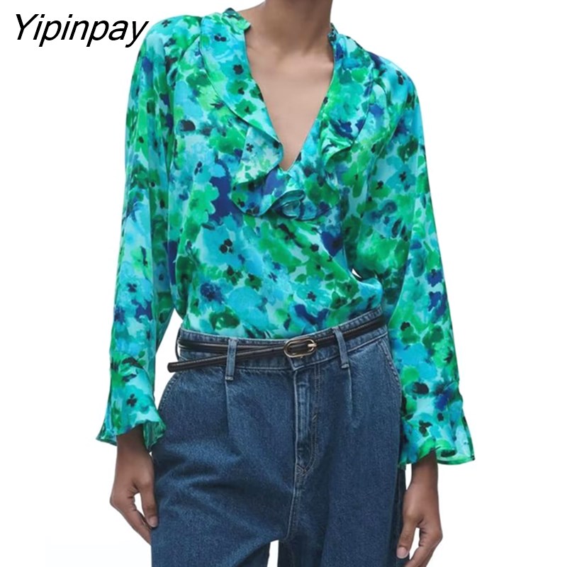 Yipinpay 2023 Summer Women Printed Blouses Shirt 2023 Thin Female Ruffles V-neck Long Sleeve Tops Single Breasted T-Shirts