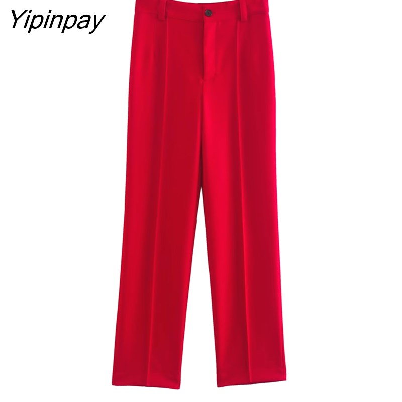 Yipinpay 2023 Ladies Red Blazer Suit 2Pcs Office Outfits Single Button Jacket+Zipper Trousers Basic Long Pant Autumn Winter
