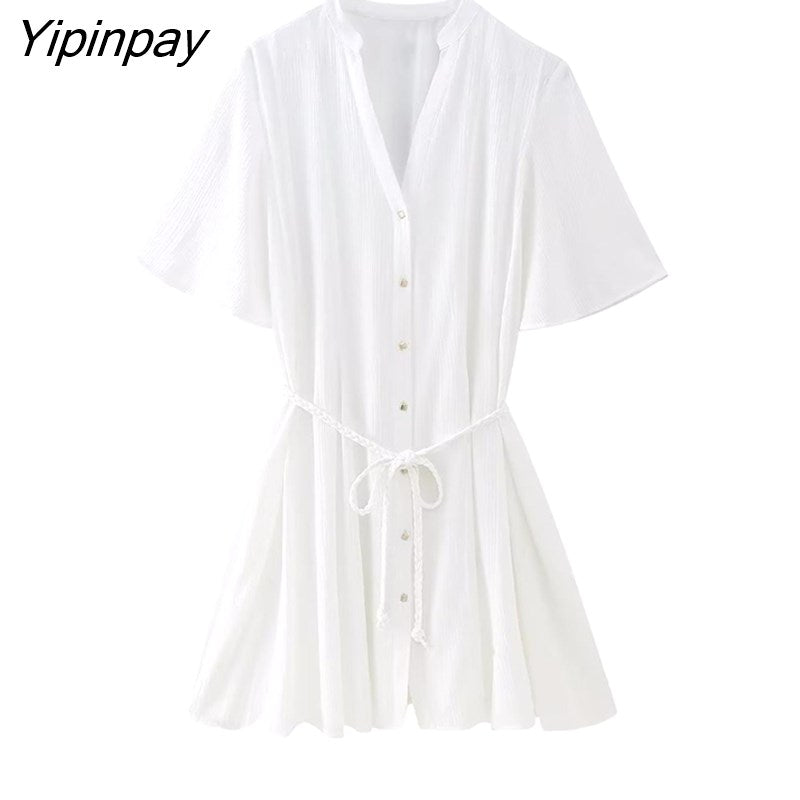 Yipinpay Newest Women Solid Mini Dresses With Lace 2023 Summer V-neck Short Sleeve Dresses Single Breasted Fashion A-line Vestidos