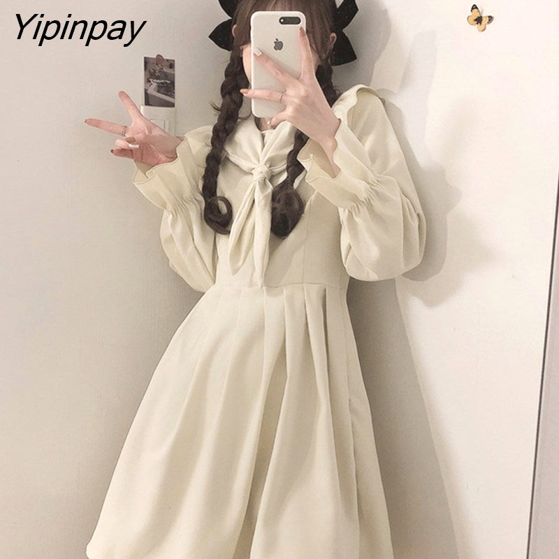 Yipinpay Autumn Women Dress Sweet Japan style Peter pan collar Solid Simply Cute girl dress female bing 2023 HOT
