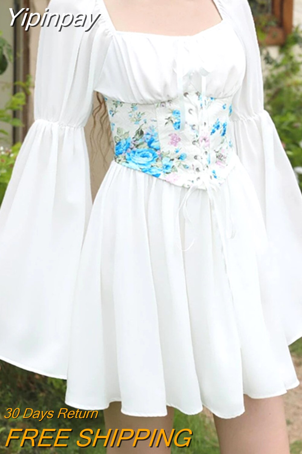 Yipinpay Vintage Off-Shoulder Long Sleeves A-Line Short Dress Women Fairy Elegant Square Neck Bandage Corset Mini Dress for Party