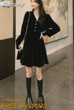 Yipinpay Vintage Dress Women Long Sleeve Solid Black Party Dress Female V-Neck Lace Midi Gothic Dress Autumn 2023 Office Lady