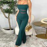 Yipinpay Women Elegant Solid Spaghetti Straps Sleeveless Contrast Mesh Patch Sexy Straight Leg Jumpsuits