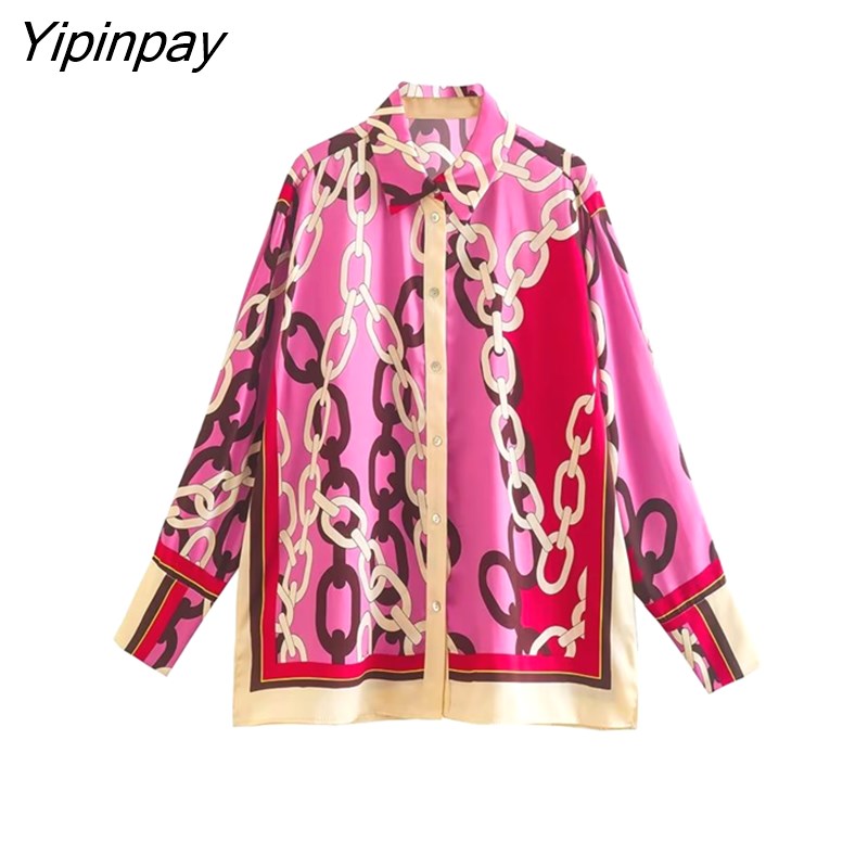 Yipinpay Women Chain Print Blouses 2023 Summer Casual Turn Down Collar Loose Tops Fashion Single Breasted Shirts