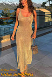 Yipinpay Sparkly Bright Silk Evening Midi Dress Women Sleeveless Long Mermaid Formal Party Prom Gowns Glitter Vestidos Robe