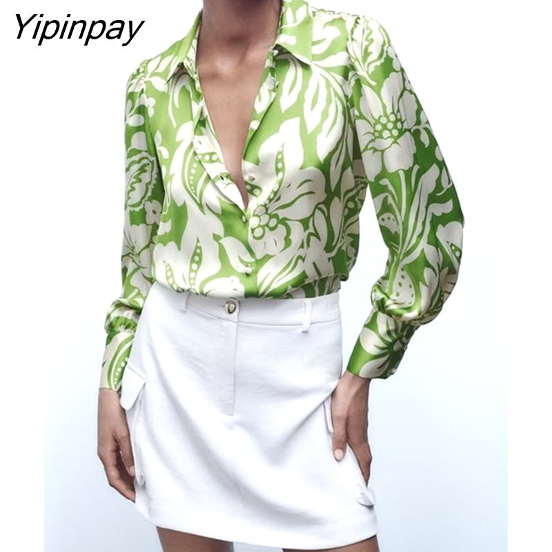 Yipinpay Summer Women Fashion Print Blouses Shirt 2023 New Causal Long Sleeved Tops Vintage Single Breasted T-Shirts