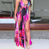 Yipinpay Women Floral Print Halter Colorblock High Slit Maxi Dress Bodycon Dress for Women Dress 2023