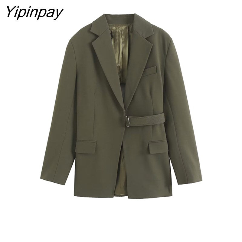 Yipinpay Spring Autumn Women Hollow Out Blazer Coat With Belt Vintage Notched Long Sleeve Jacket Fashion Pockets Outerwear Tops