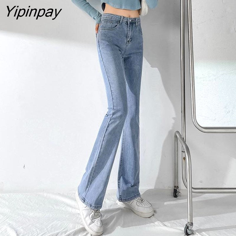 Yipinpay Thicken Velvet Warm Denim Flare Pants Stretch High Waist Casual Winter Plush Bell Bottom Jeans Woman