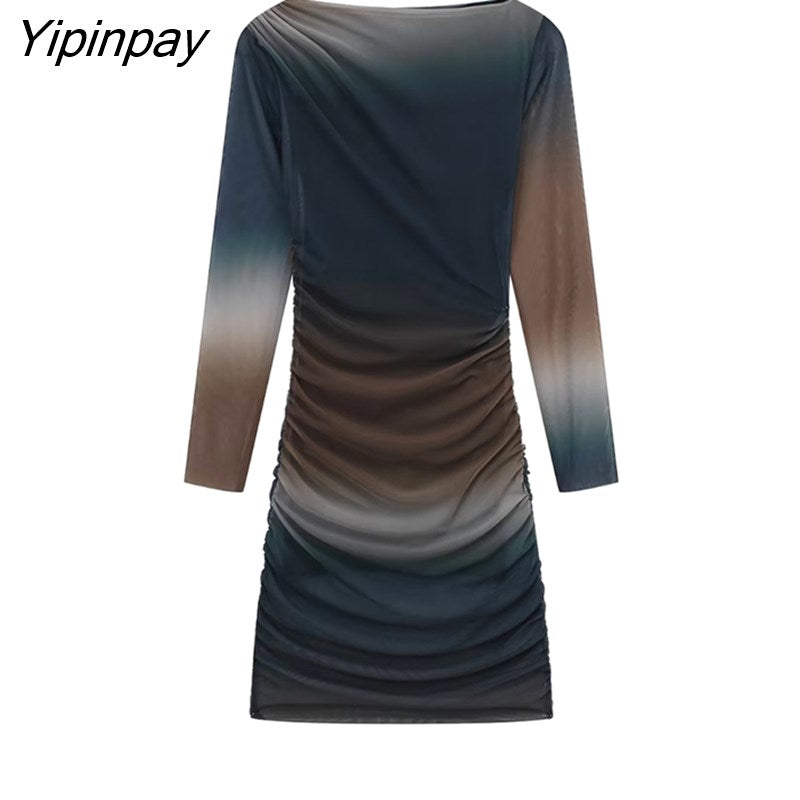 Yipinpay 2023 New Fashion Tulle Dresses Spring Summer O-neck Slim Party Sexy Vestidos Long Sleeve Back Zipper Mini Dresses