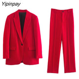 Yipinpay 2023 Ladies Red Blazer Suit 2Pcs Office Outfits Single Button Jacket+Zipper Trousers Basic Long Pant Autumn Winter