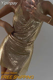 Yipinpay Gold Sequins Diamonds Sexy Night Party Dress Women Sleeveless Halter Backless Mini Dresses Femme Clubwear V-Neck Vestidos