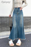 Yipinpay Casual Loose Tassel Long Women Denim Skirts Autumn Winter Vintage HIgh Waist Pocket Female Jeans Skirts