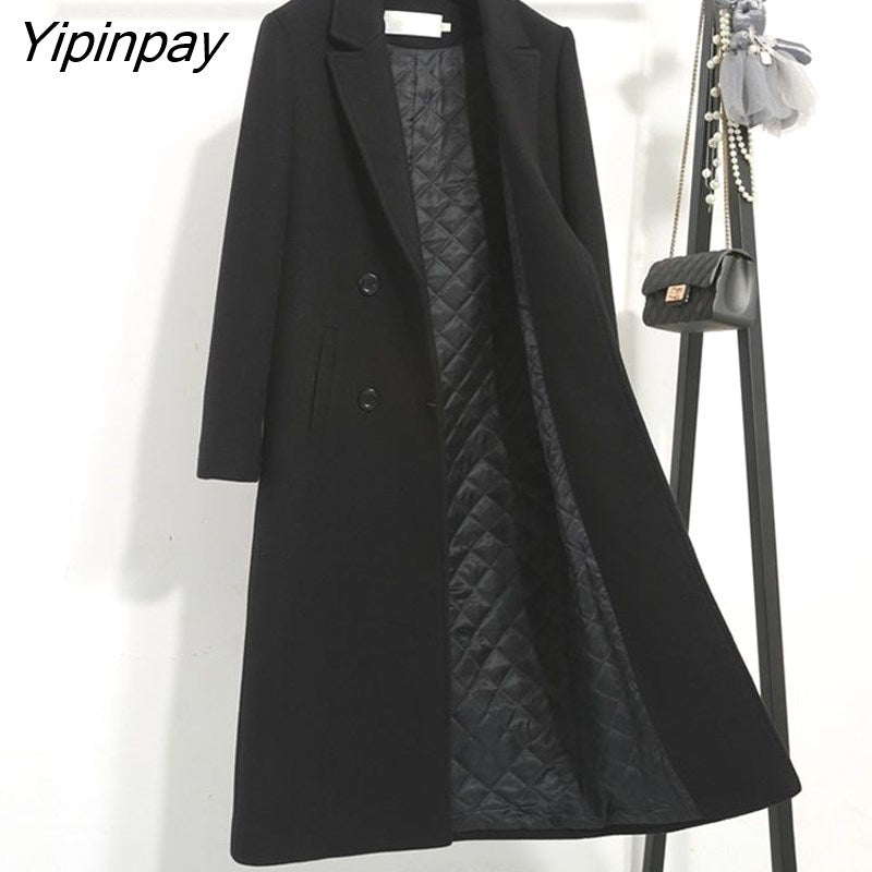 Yipinpay Cotton Mixed Black Woolen Coat Women's Long Winter Korean Version Slim Fitting Thickened With