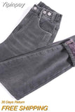 Yipinpay Winter Velvet Thick Warm Mom Jeans High Waist Denim Harem Pants Loose Korean Casual