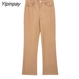 Yipinpay 2023 Autumn Winter Ladies Faux Leather Pants High Waist Pockets Pants Waterproof Fitness Zipper Flare Trousers Three Colors
