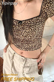 Yipinpay Kpop Leopard Print T-shirt Women Y2k Harajuku Slim Crop Top Korean Vintage Sexy Square Collar Short Sleeve Tee Summer