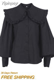 Yipinpay Big Peter Pan Collar Ruffle Womens Blouse Long Sleeve White Cotton Casual Tops Female Spring Summer Frill Shirt 2023