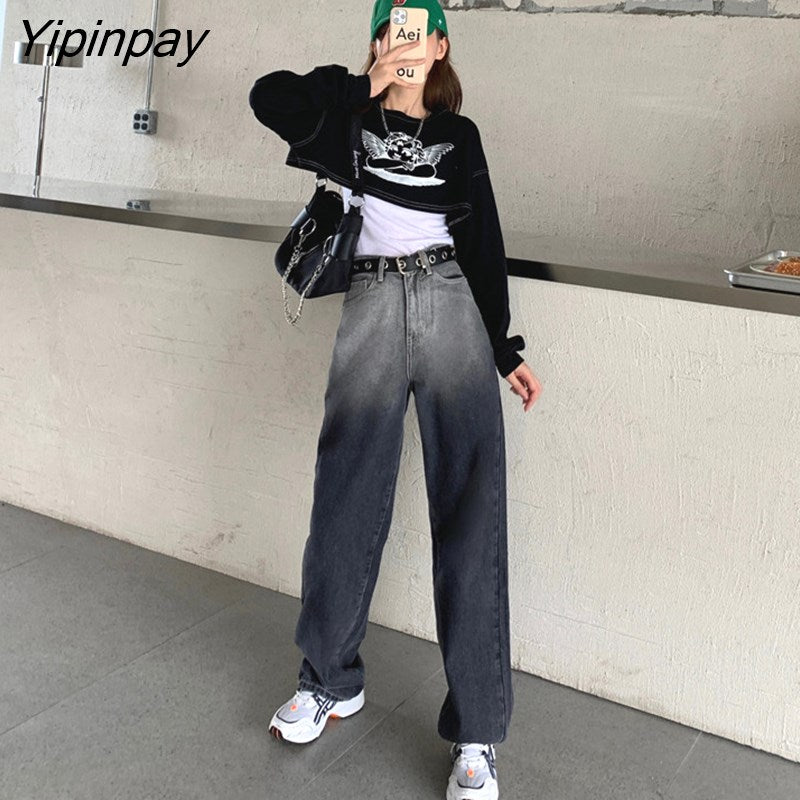 Yipinpay Fashion style Women jeans Vintage Straight Wide leg pants High waist Oversize Loose Long jeans female Black gray gradient