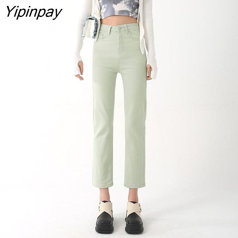 Yipinpay High Waist Stretch Straight Denim Pants Women Korean Vintage Jeans