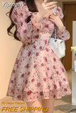 Yipinpay Summer Sweet Elegant Short Party Dress Korean Fashion Floral Mini Dress Beach Long Sleeve Casual Vintage Dress Woman Chic