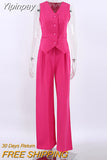 Yipinpay Pink Elegant Blazer 2 Pieces Sets High Waist Wide Leg Pants Suits Button Vest Outfit Office Ladies Women Summer 2023