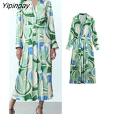 Yipinpay Elegant Summer Women Printed Mid-Calf Dresses 2023 Fashion Ladies Turn Down Collar Party Dress A-line Long Sleeve Vestidos