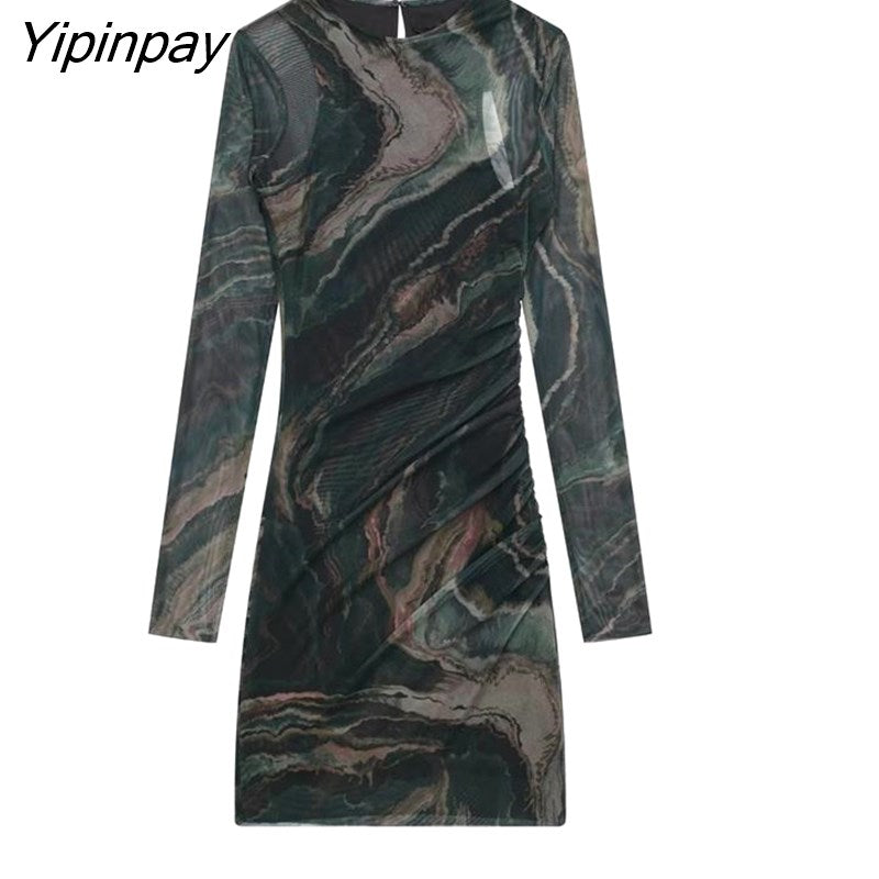 Yipinpay 2023 Women Mini SexyTulle Dresses Spring Summer Elegant Party Sheath Slim Dress Long Sleeve O-Neck Vestidos