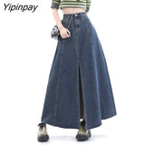 Yipinpay Vintage Blue Long A Line Split Denim Skirt For Women Loose Casual Jean Skirts For Ladies