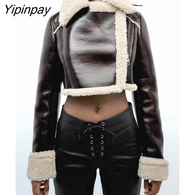 Yipinpay Women Fashion Thick Warm Faux Shearling Jacket Coat 2023 Vintage Long SleeveHem Female Short Outerwear Chic Tops