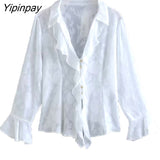 Yipinpay Women Jacquard Ruffles Blouses 2023 Spring Autumn Casual V-Neck Flare Long Sleeved Tops Single Breasted T-Shirts