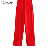 Yipinpay 2023 Spring Office Lady Red Blazer Suits Sets Women Fashion Double Breasted Jacket Solid High Waiste Zipper Straight Pants