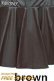 Yipinpay Women Faux Leather Vintage Skirts Elastic High Waist Skater Flared Pleated Stretch Mini Skirt
