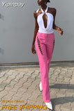 Yipinpay Lace-up Cross Hollow PU Leather Pants Street Style High Waist Straight-Leg Trousers Women's Streetwear Solid Slim Pants